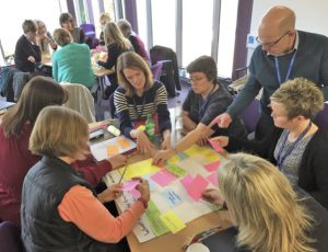 People gathered around tables adding post-it notes to flip chart pages
