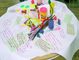 Art matrials and paper on top of table